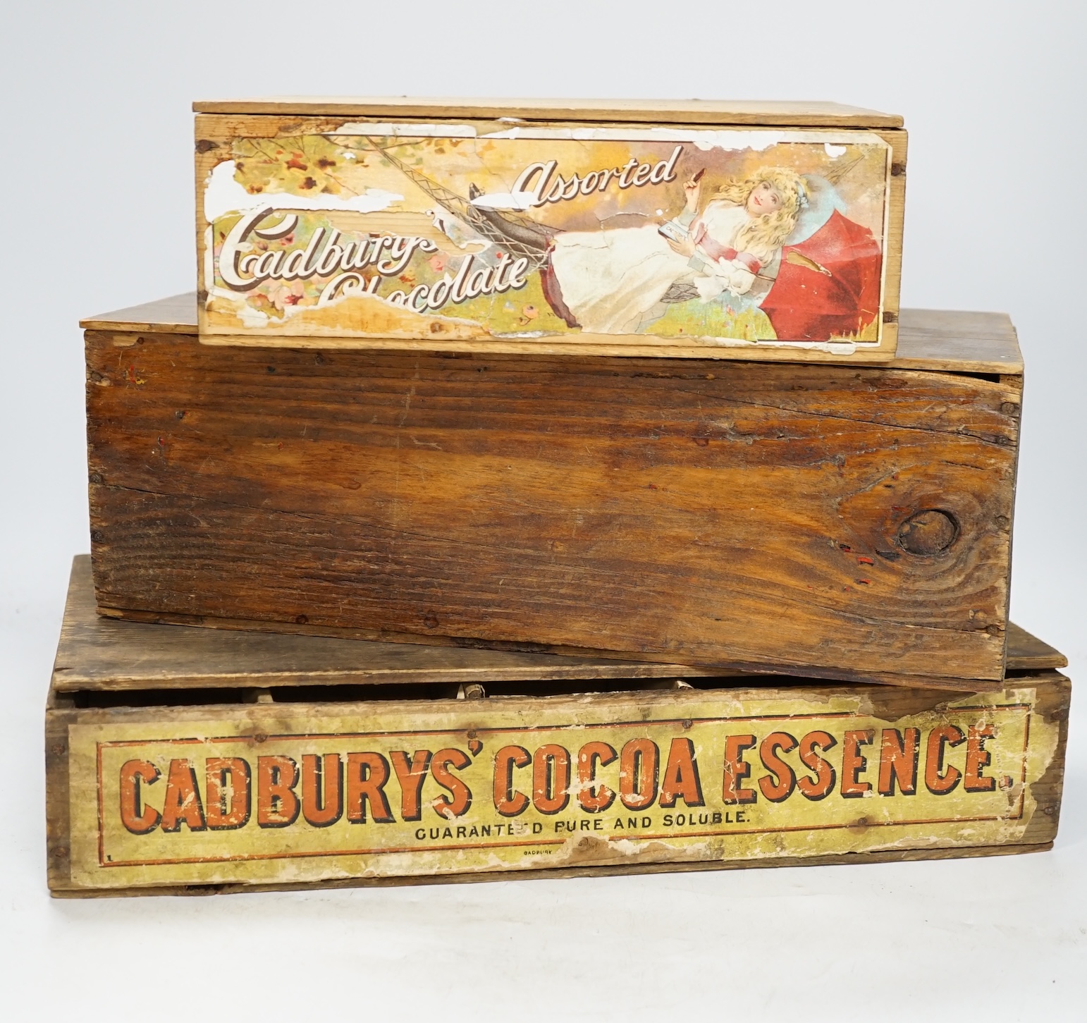 Three early to mid 20th century display boxes: Cadbury’s Cocoa Essence, Pearce Duff’s Egg Powder and a Cadbury’s Assorted Chocolate. Condition - poor to fair